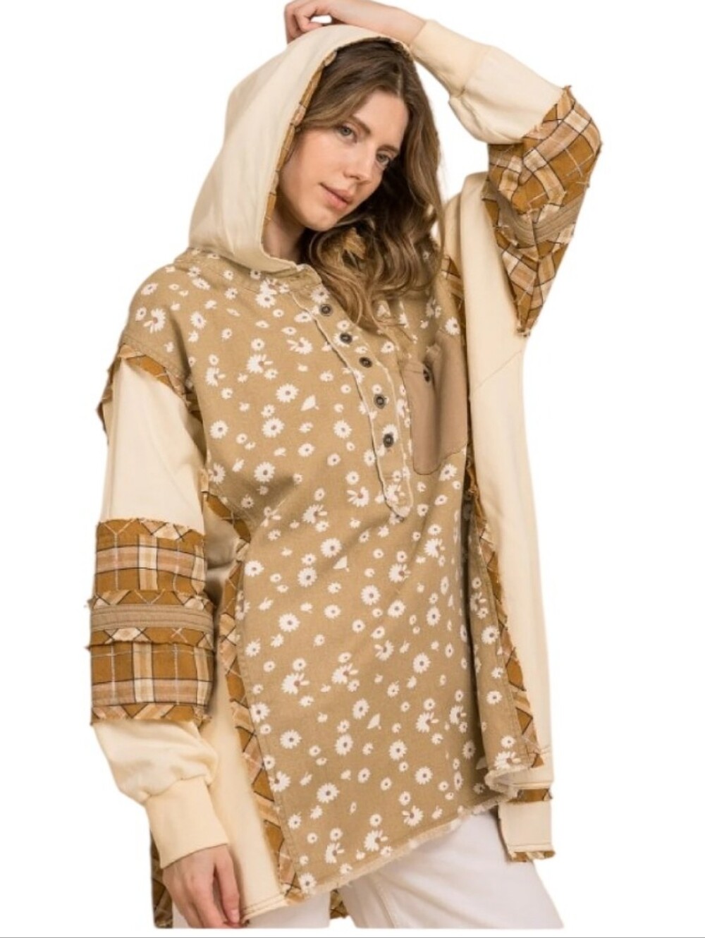 Petals And Plaid Long Hoodie Shacket Mushroom Denim Mix S/M